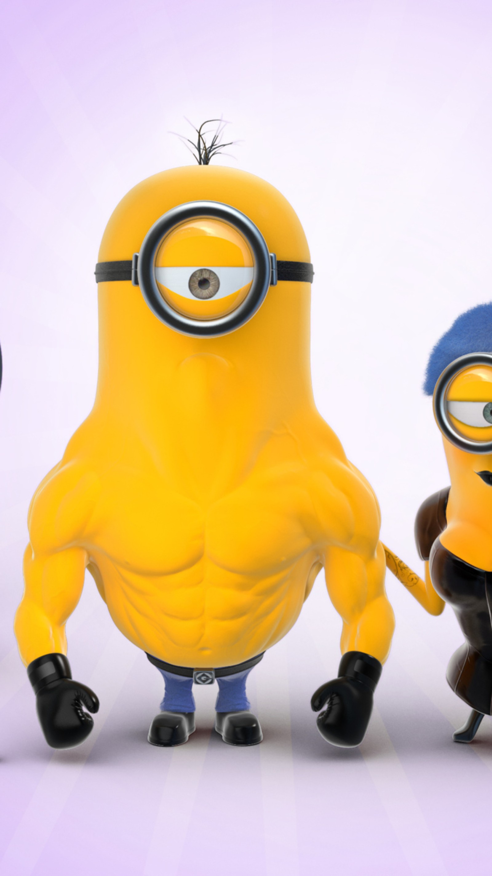 Trois minions se tiennent à côté les uns des autres, l'un tenant un bâton (jeux, minions, jaune)