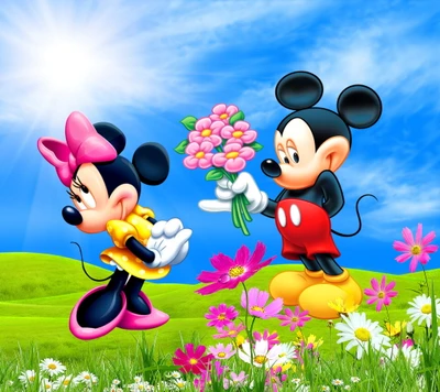 disney, fleurs, amour, prairie, mickey