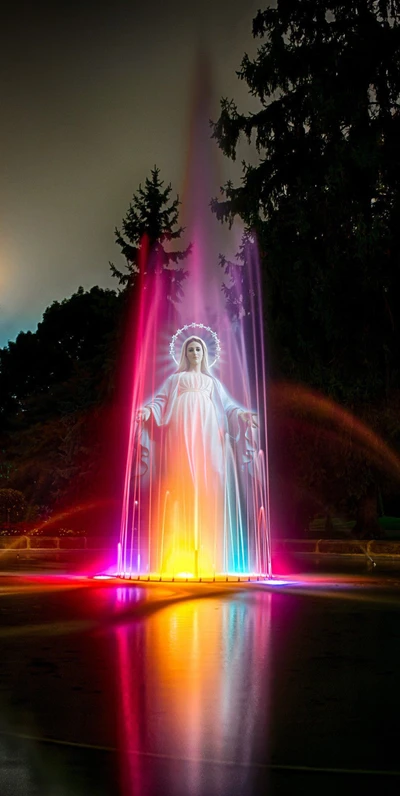 Statue illuminée de Marie entourée d'eaux colorées