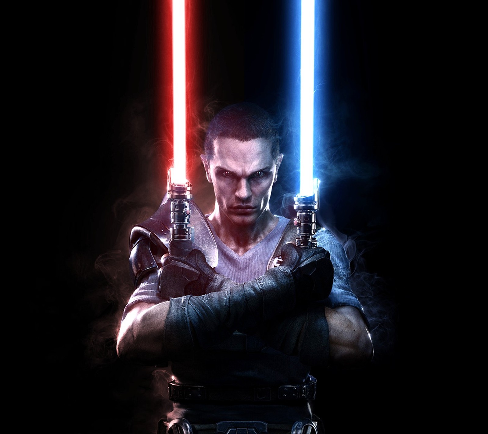 A close up of a person holding two lightsabed swords (games, starkiller)