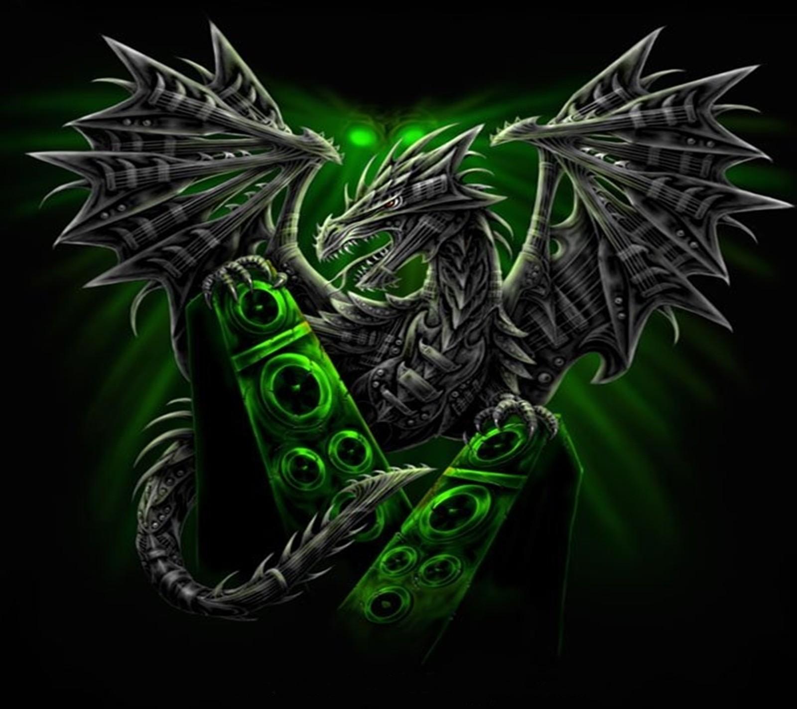 A green dragon with a black background and a green light (dragon rock, green)