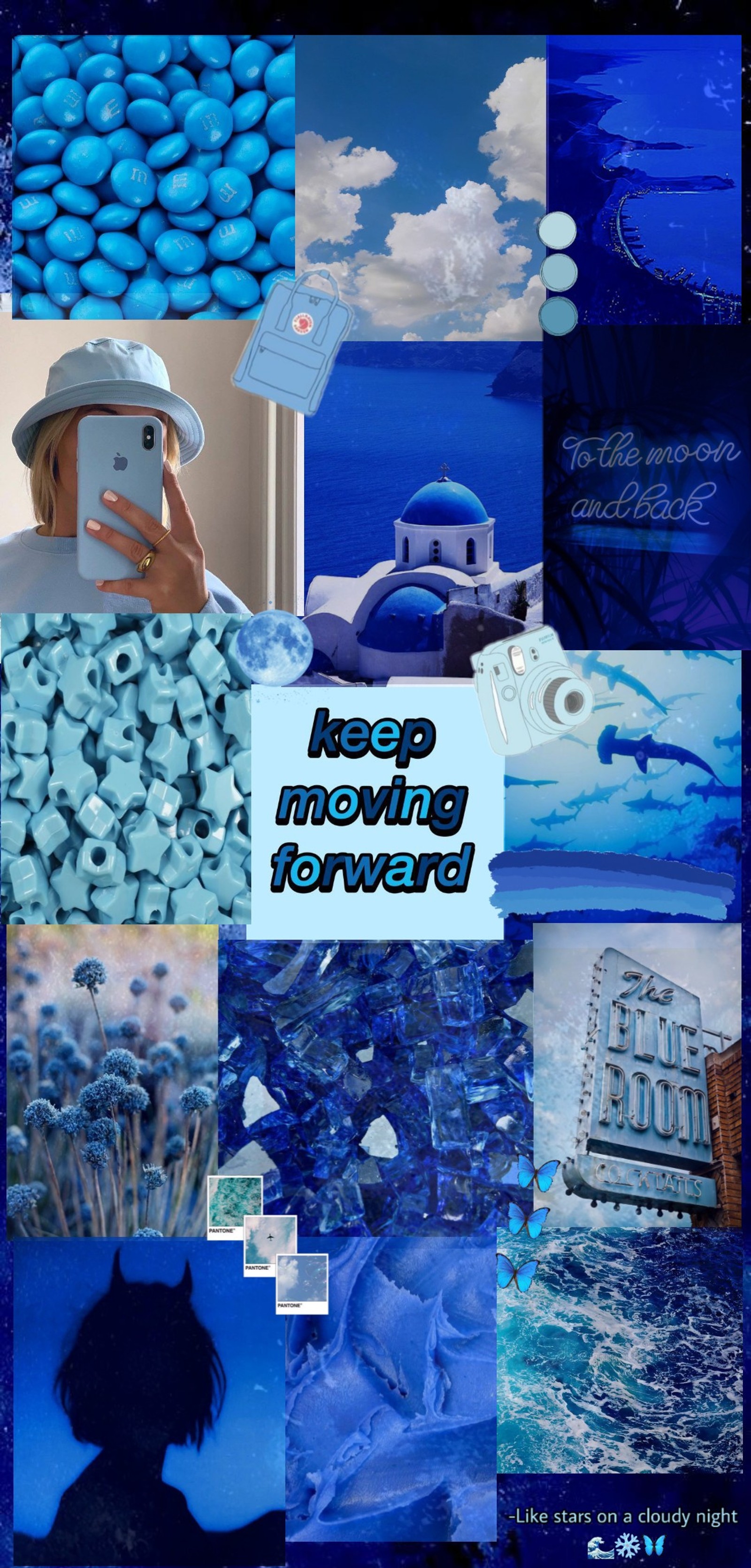 A close up of a collage of images of a person in a hat (aesthetic, blue, cool, edit, ocean)