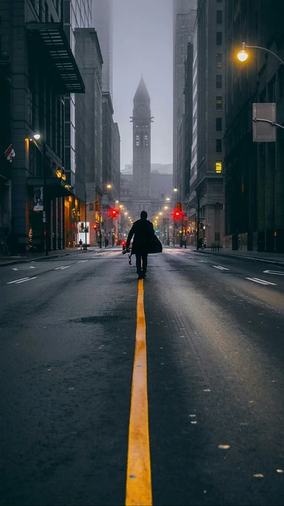 buildings, city, lights, man, street