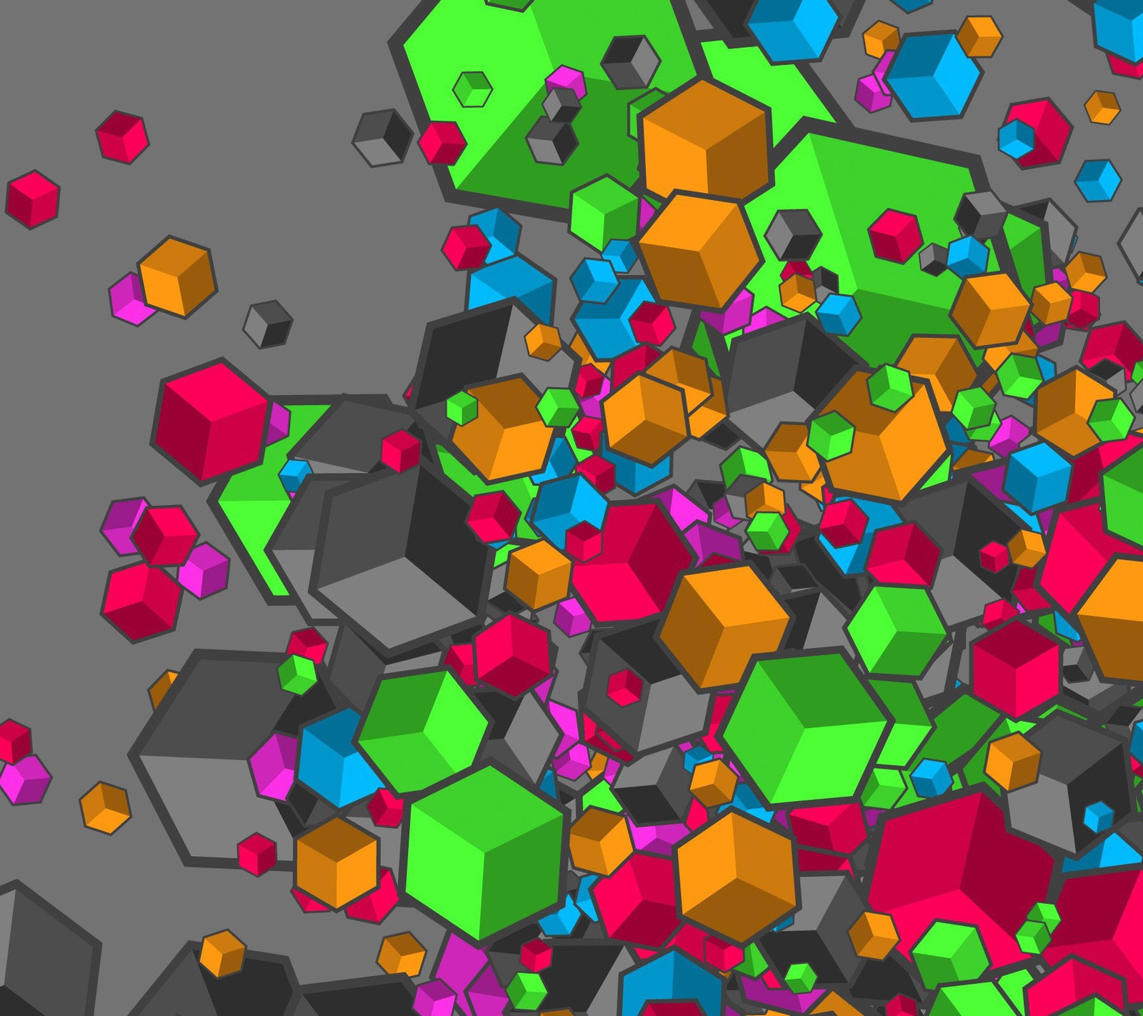 Un primer plano de un montón de cubos coloridos sobre una superficie gris (abstracto, colores, cubos, neón)