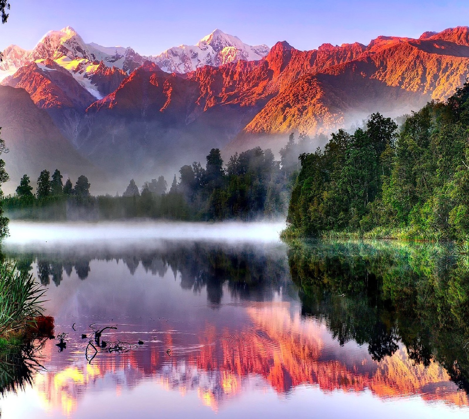 As montanhas se refletem na água de um lago com alguns patos (natureza)