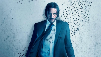 Keanu Reeves in einem stilvollen blauen Anzug vor einem dramatischen Hintergrund, der coole Eleganz und actionbereite Ausstrahlung ausstrahlt.