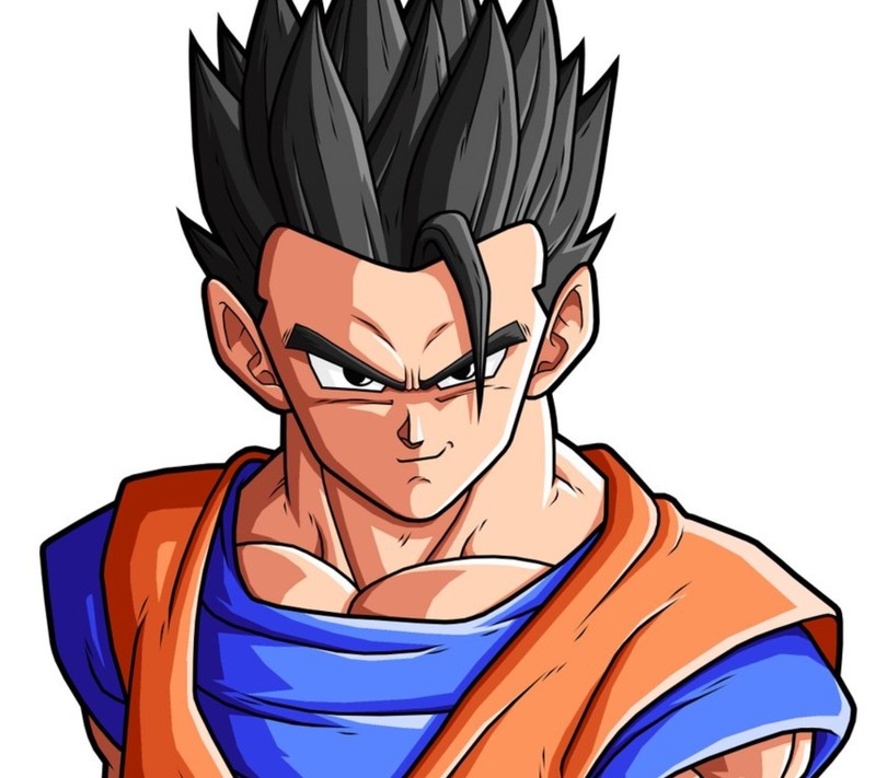 Un dessin d'un jeune gohan avec une chemise bleue et une écharpe orange (anime, dbz)