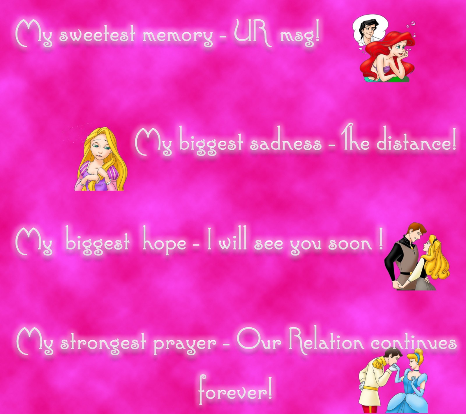 A pink background with a picture of a princess and a princess (cute, love, love forever, quote, sad)