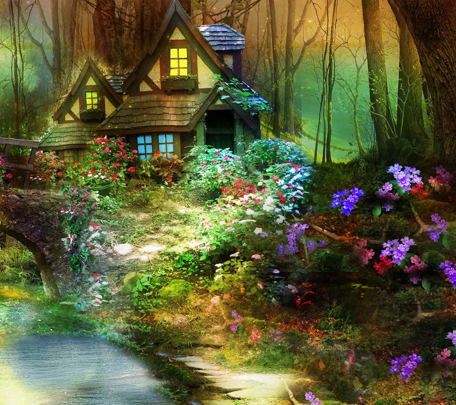 Painting of a house in the woods with a stream running through it (colorful, enchanted forest, fantasy, forest)