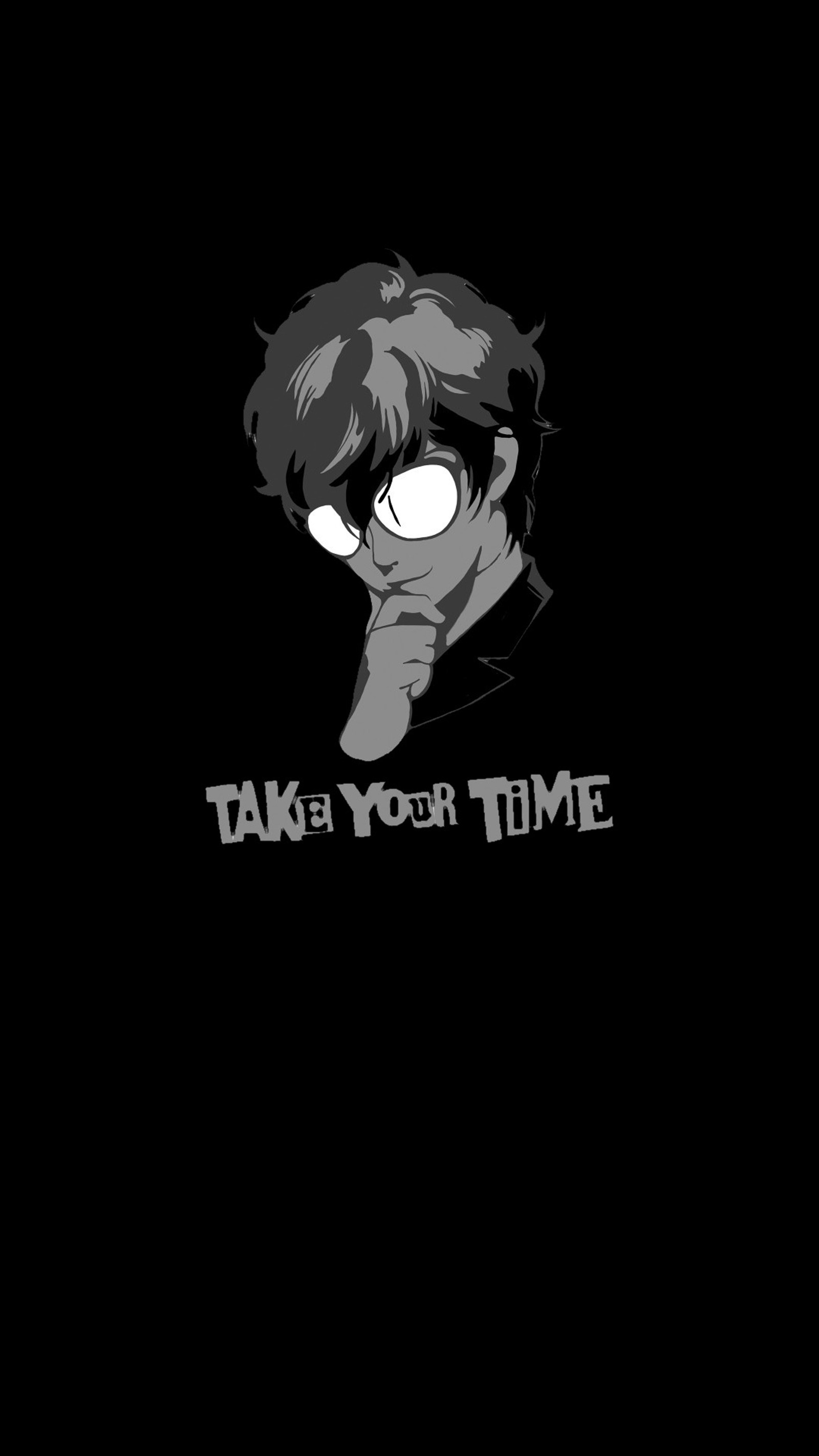 Ein schwarz-weiß foto eines mannes mit brille und einem text, der sagt: "nimm dir zeit" (akira, akira kurusu, amamiya ren, amoled, joker)