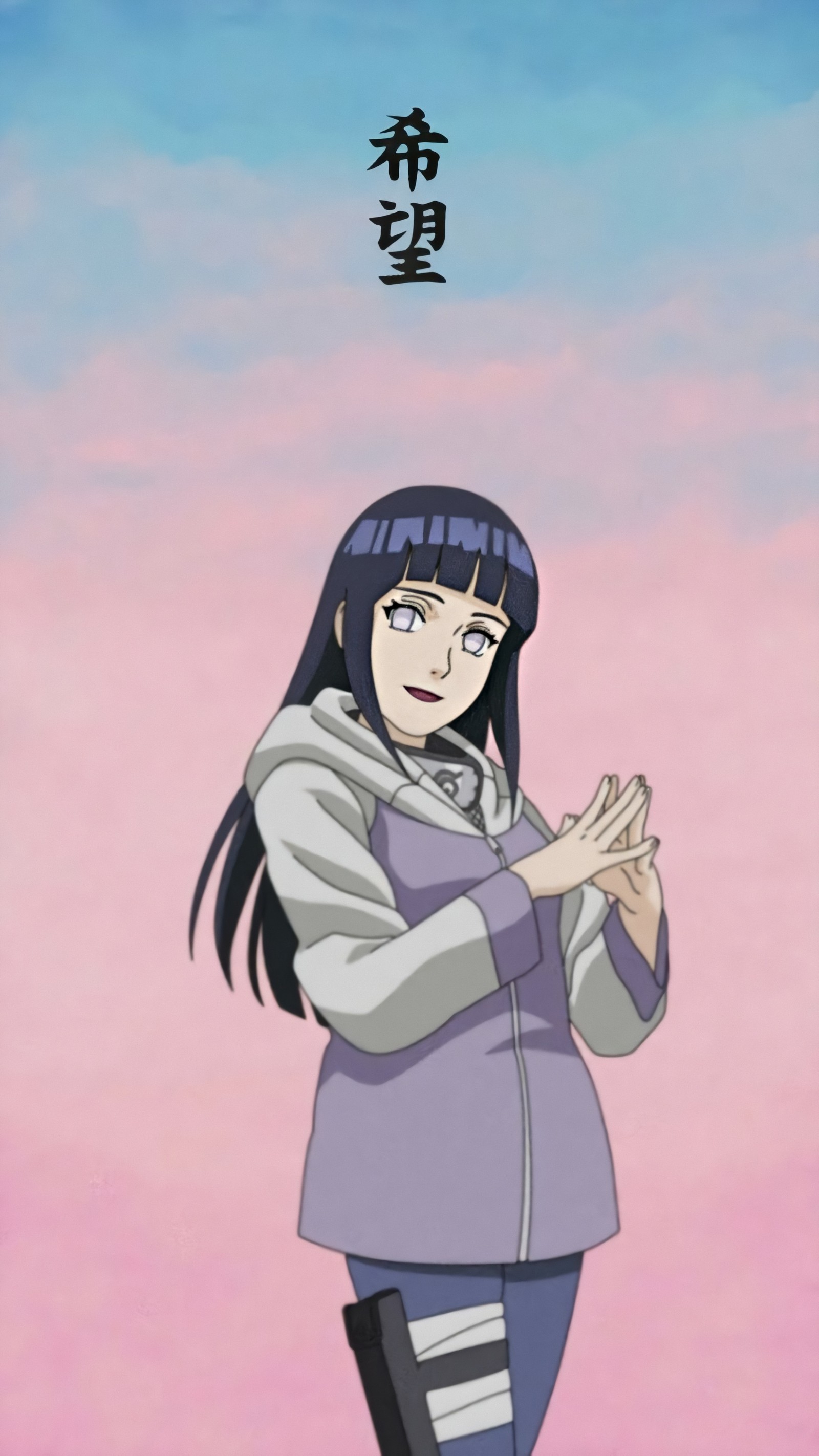 Un primer plano de una persona de pie frente al cielo (anime, niña, hinata, naruto)