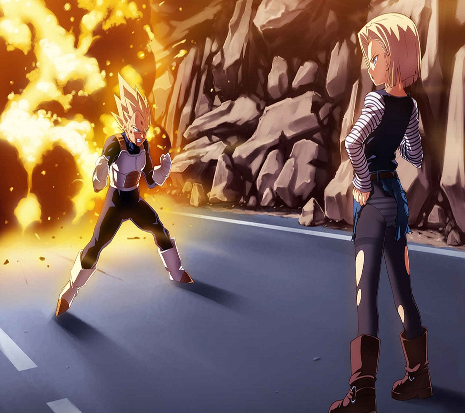 Anime characters are fighting in a scene with a huge explosion (androide18, dbz, dragon ball z, vegeta)