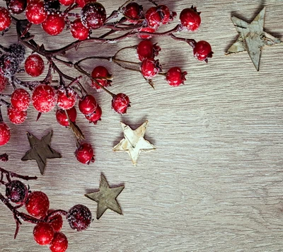 Berries rojos festivos y estrellas de madera para decoración navideña