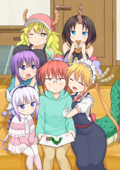 A cozy gathering of dragon maids and a human, showcasing friendship and warmth in a vibrant anime setting.