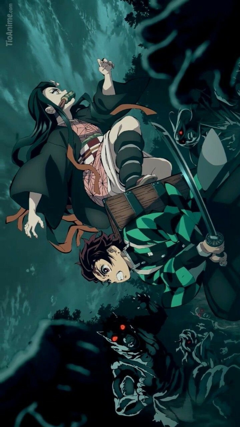 Персонажи аниме летают в воздухе с мечами (убийца демонов, kimetsu no yaiba)