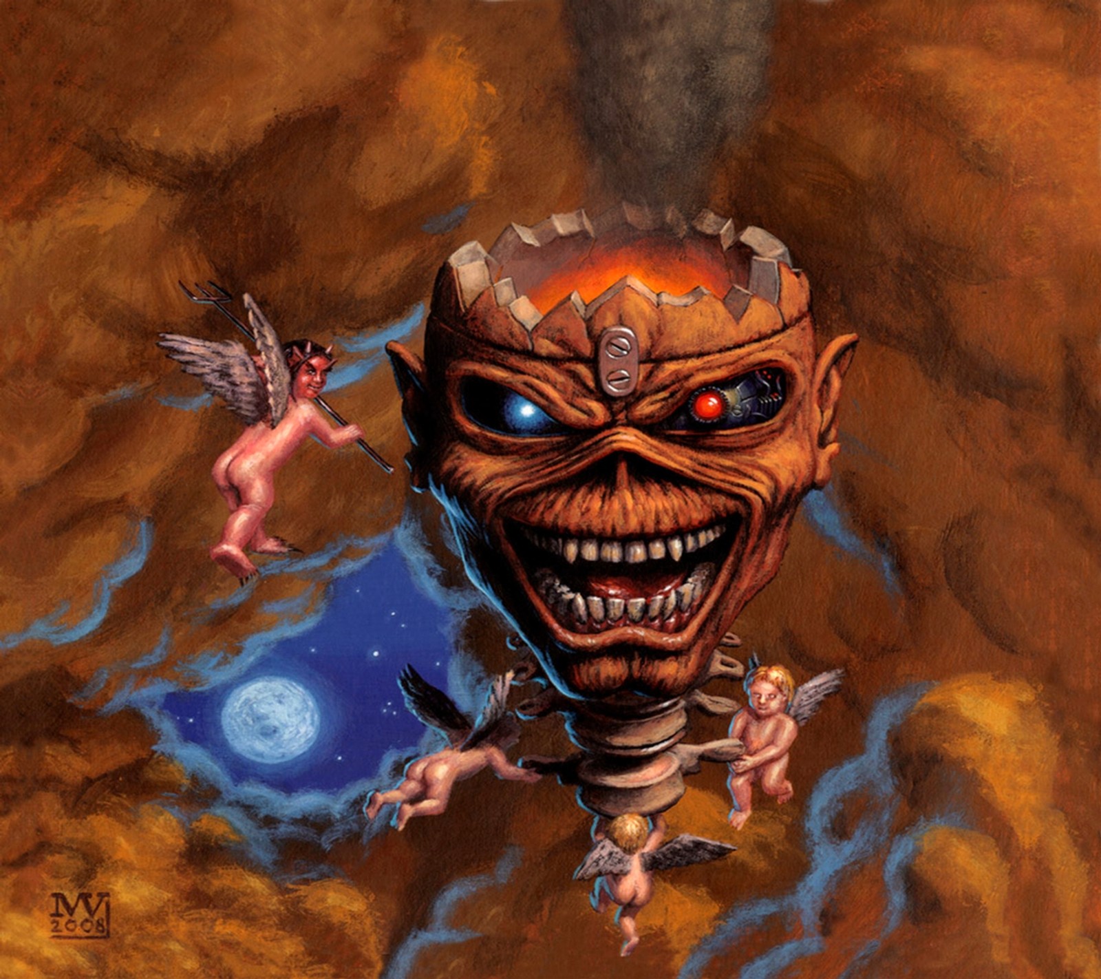 A painting of a demonic looking head with angels surrounding it (eddie, ironmaiden, metal, musica, sprigamelvirus)