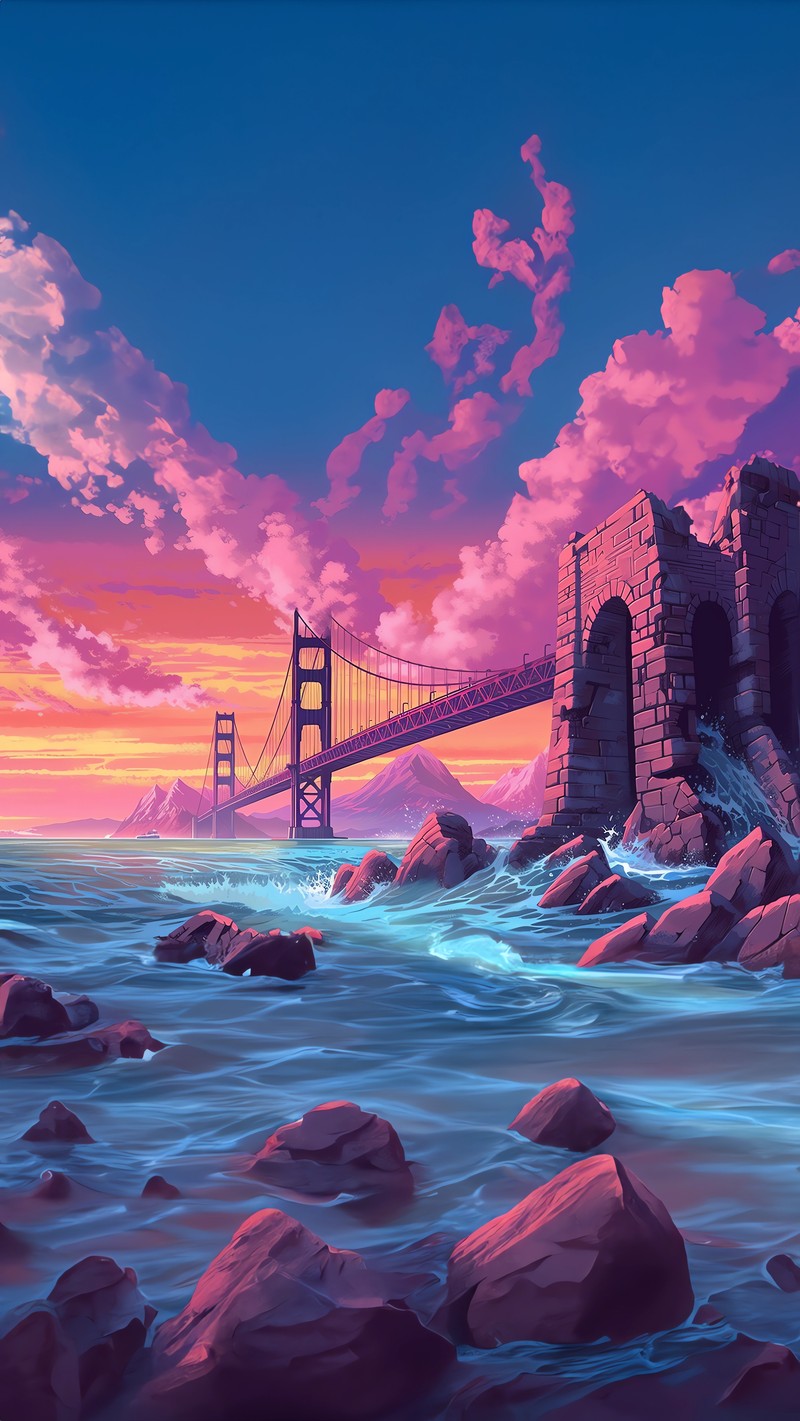 Картина моста над водоемом с камнями на переднем плане (мост золотые ворота, golden gate bridge, искусство, картина, облако)