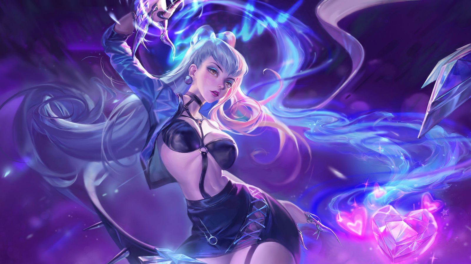 Eine frau in einem schwarzen outfit mit einem schwert und einer leuchtenden kugel (kda, evelynn, league of legends, lol, videospiel)