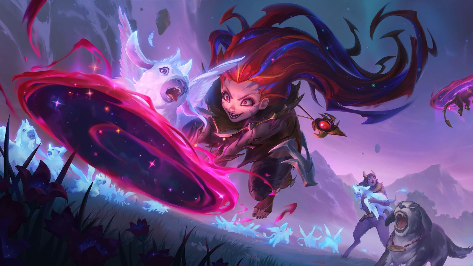 Une femme avec de longs cheveux et une épée dans un champ (corrompu, zoe, peau, league of legends, lol)