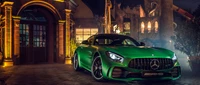 Mercedes AMG GT: A Striking Green Supercar in a Dramatic Cityscape.