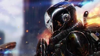 Futuristic soldier in a sleek black suit with a skull motif, set against a vibrant sci-fi backdrop.