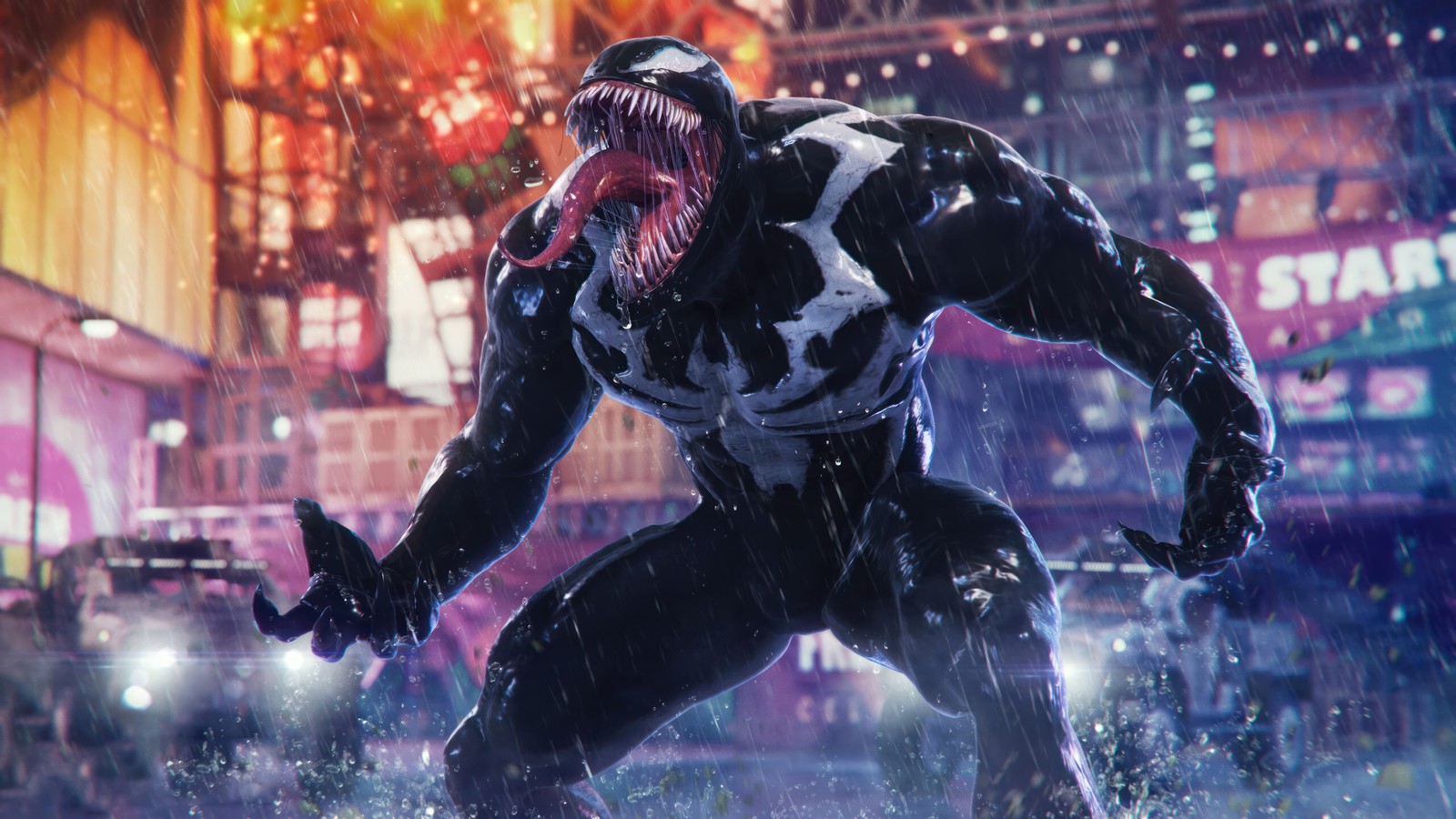 Venom sous la pluie dans une ville la nuit (marvel spider man 2, marvels spider man 2, jeu vidéo, spiderman, marvel)