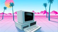 Computadora retrofuturista en un vibrante paisaje de palmeras