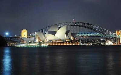 nacht, wahrzeichen, brücke, wasser, sydney opera house