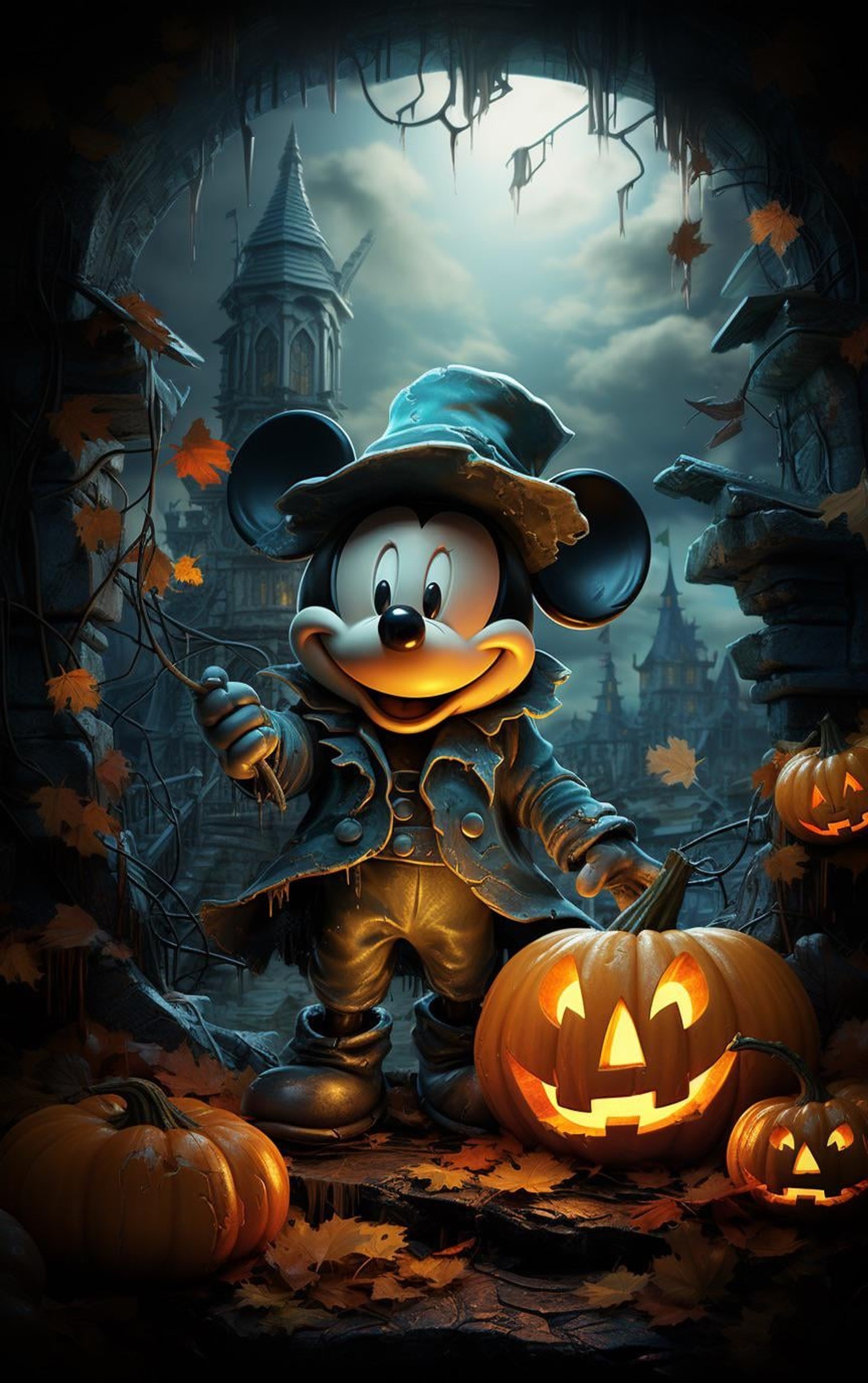 Mickey mouse in einem hexenkostüm mit kürbissen und einem schloss im hintergrund (halloween, halloween horror nights, kürbis, beleuchtung, orange)