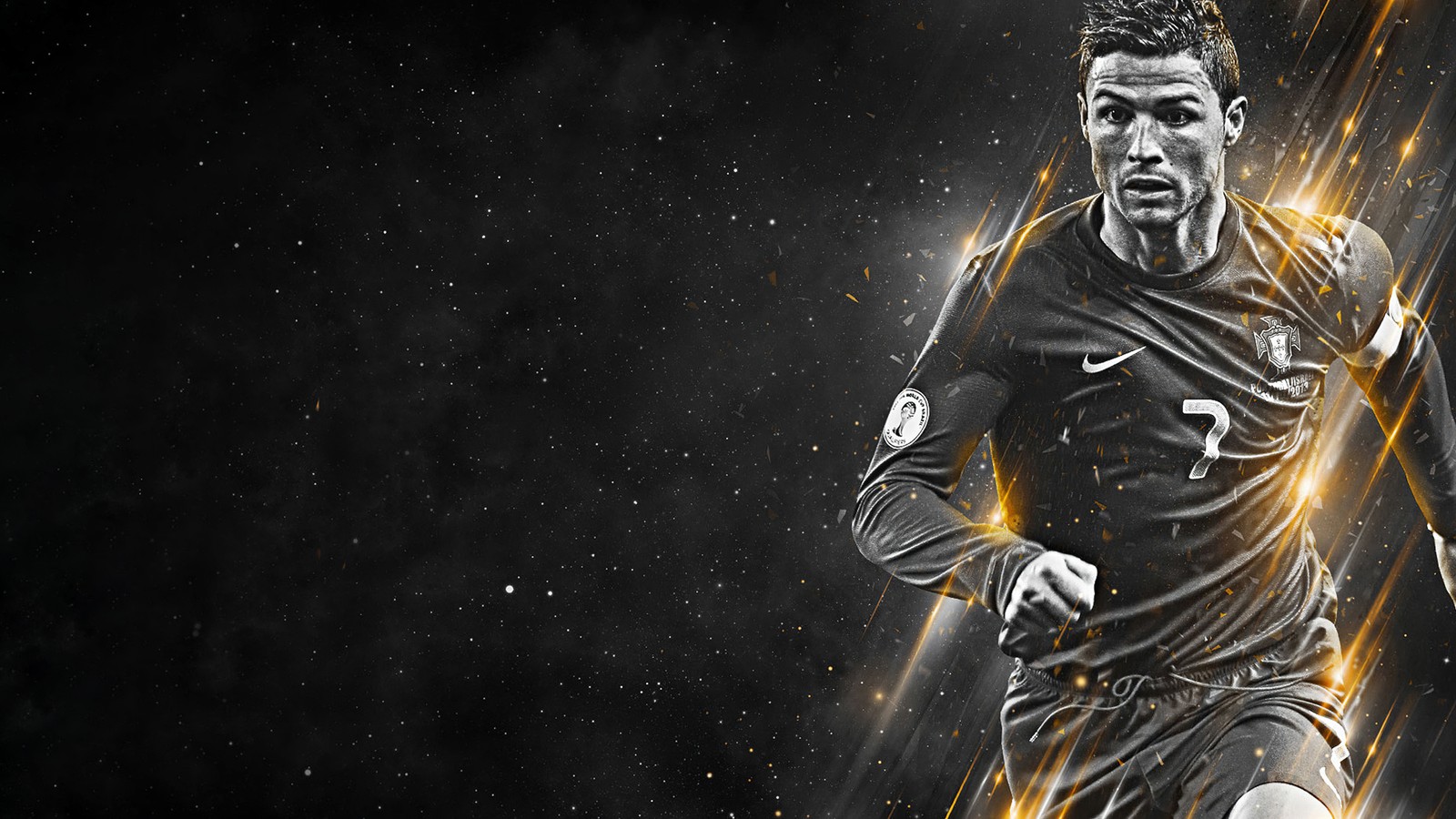 A man in a black and gold uniform running with a soccer ball (cristiano ronaldo, dark background, portuguese football federation, portuguese footballer, 5k)