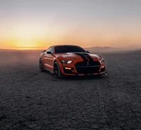 Ford Mustang Shelby GT500 dans un décor de coucher de soleil dramatique sur une terre craquelée.