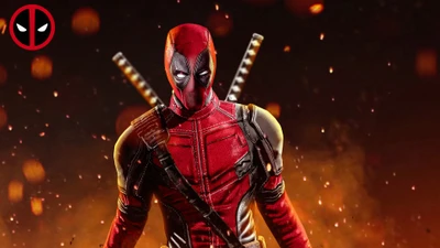 Deadpool dans une pose dynamique, mettant en valeur son costume rouge et noir emblématique, avec des épées et un arrière-plan enflammé.