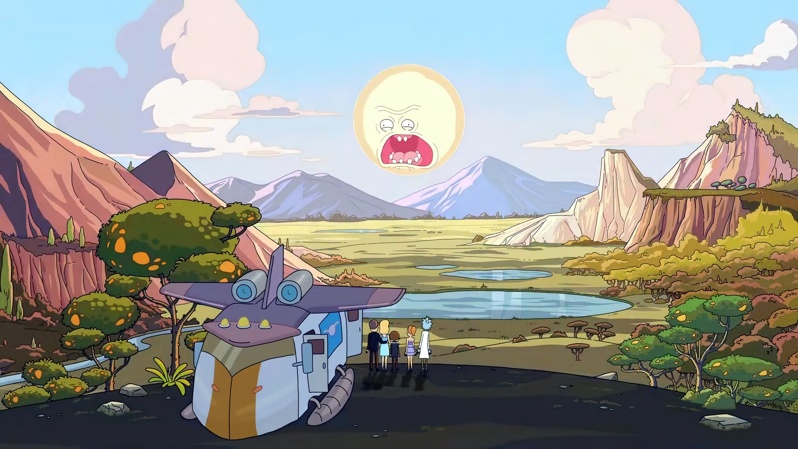 A close up of a cartoon house with a mountain in the background (rick and morty, cartoon, tv series, rick sanchez, morty smith)