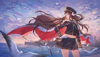 Anime-Mädchen in Marineuniform vor einer ruhigen Meereslandschaft