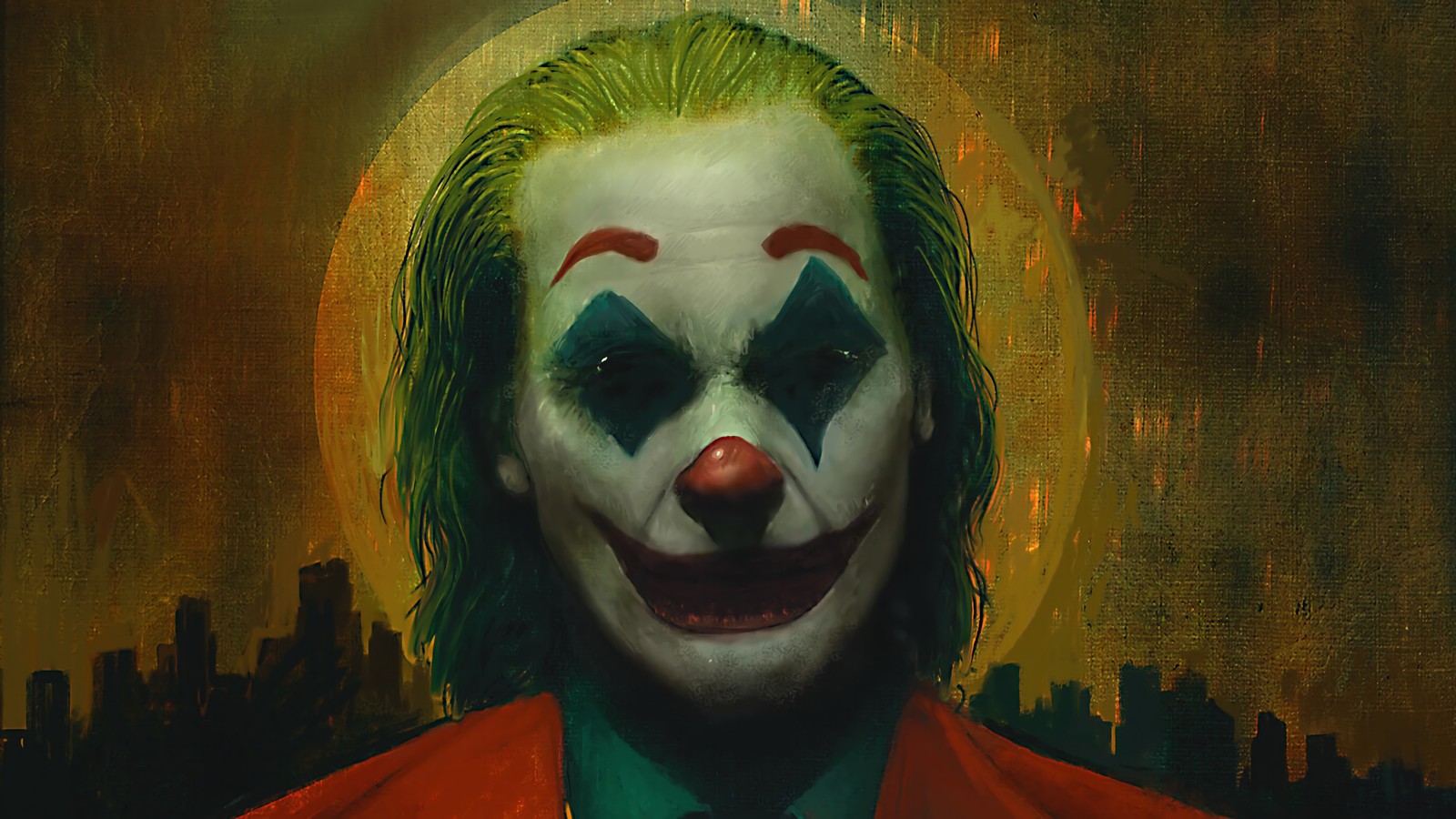 Джокер в красном костюме с зеленым лицом на фоне города (джокер 2019, joker 2019, фильм, джокер, joker)