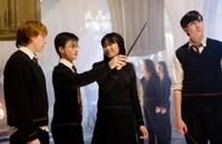 Estudiantes en uniformes de Hogwarts involucrados en magia