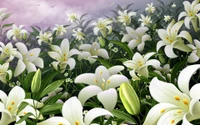 A vibrant display of Easter lilies in full bloom, surrounded by lush greenery and delicate flowers, capturing the essence of spring.