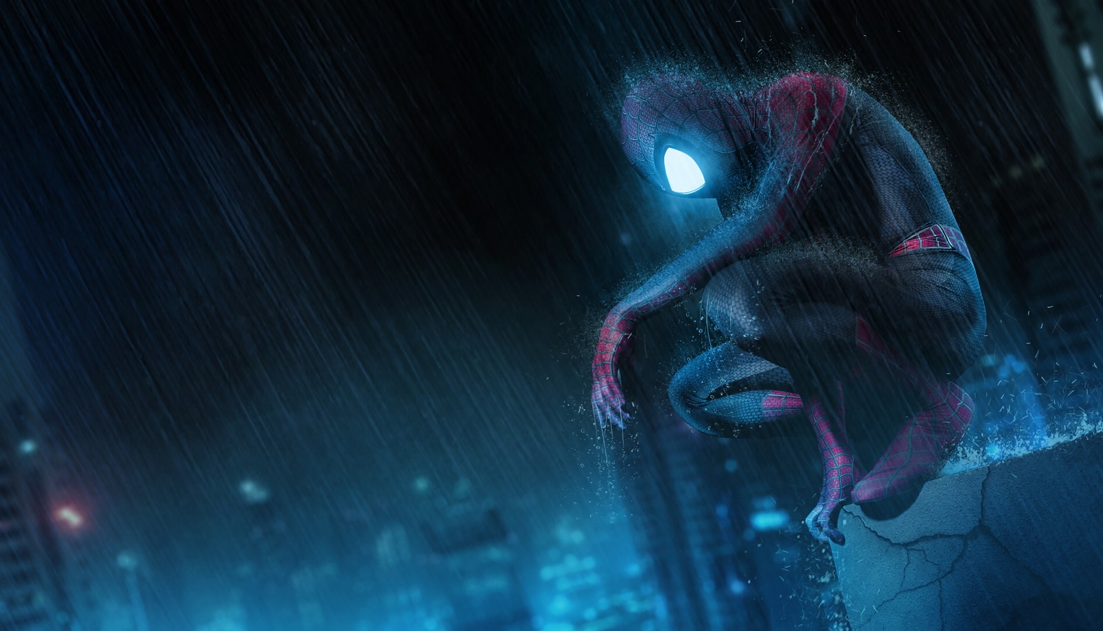 Spider-man sous la pluie avec une ville en arrière-plan (spider man, néon, super héros marvel, marvel superheroes, cosplay)