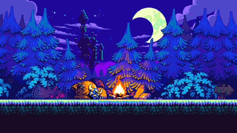 Um jogo pixelado com uma fogueira e uma floresta (jogo de plataforma, luz, roxo, azul celeste, árvore)