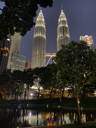 petronas towers, kuala lumpur, reflection, body of water, night