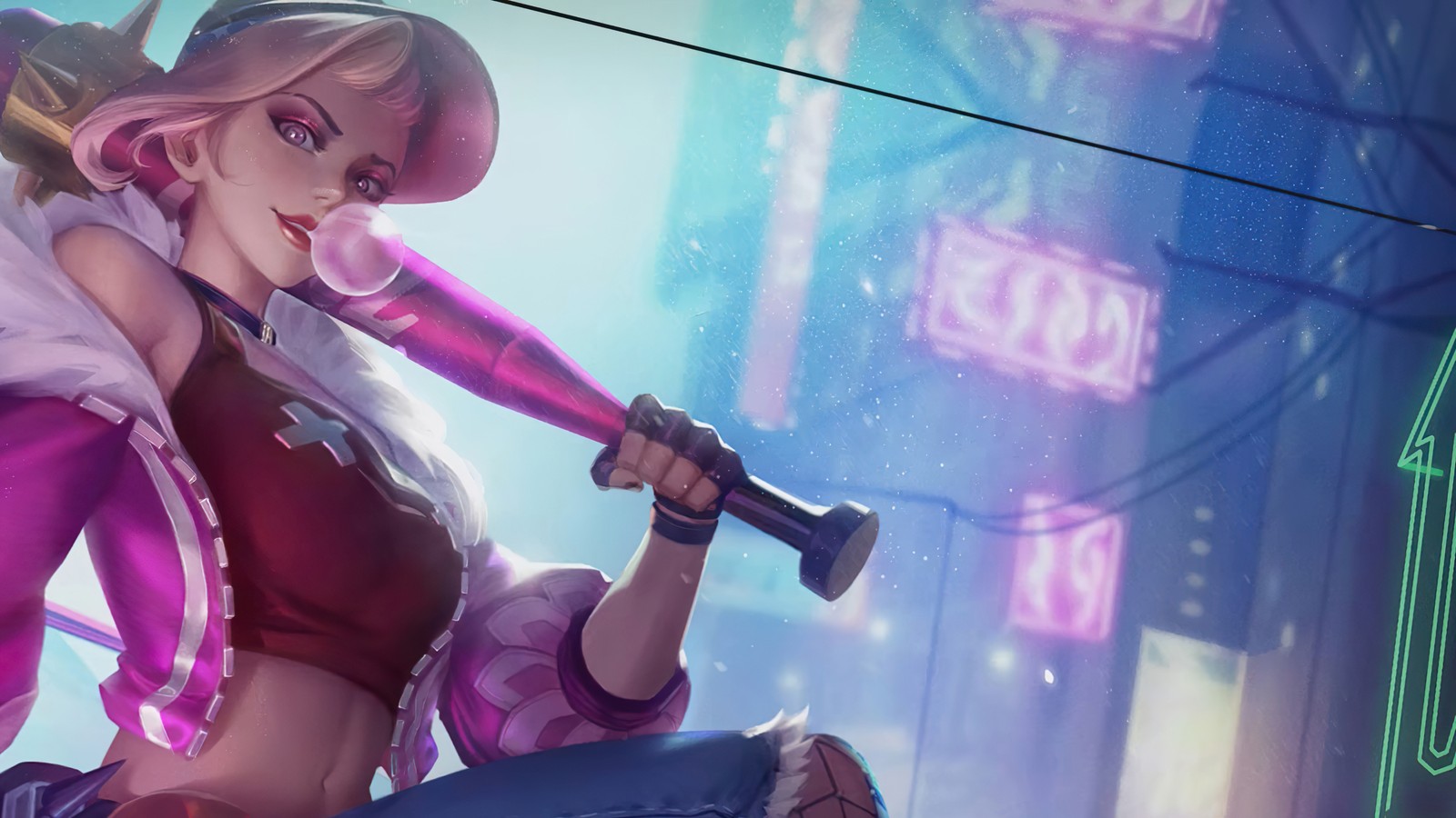 Une femme en tenue rose tenant une batte de baseball dans une ville (fanny, princesse punk, mobile legends, bang bang, mlbb)