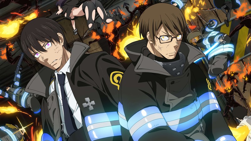 Аниме персонажи в униформе стоят перед огнем (fire force, аниме, anime, огненная бригада, enen no shouboutai)