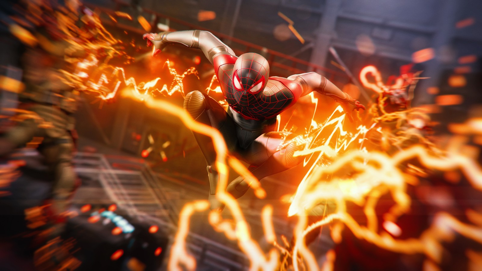 Un homme en costume volant dans les airs avec du feu (marvels spider man miles morales, action, gameplay, playstation 5, jeux 2020)