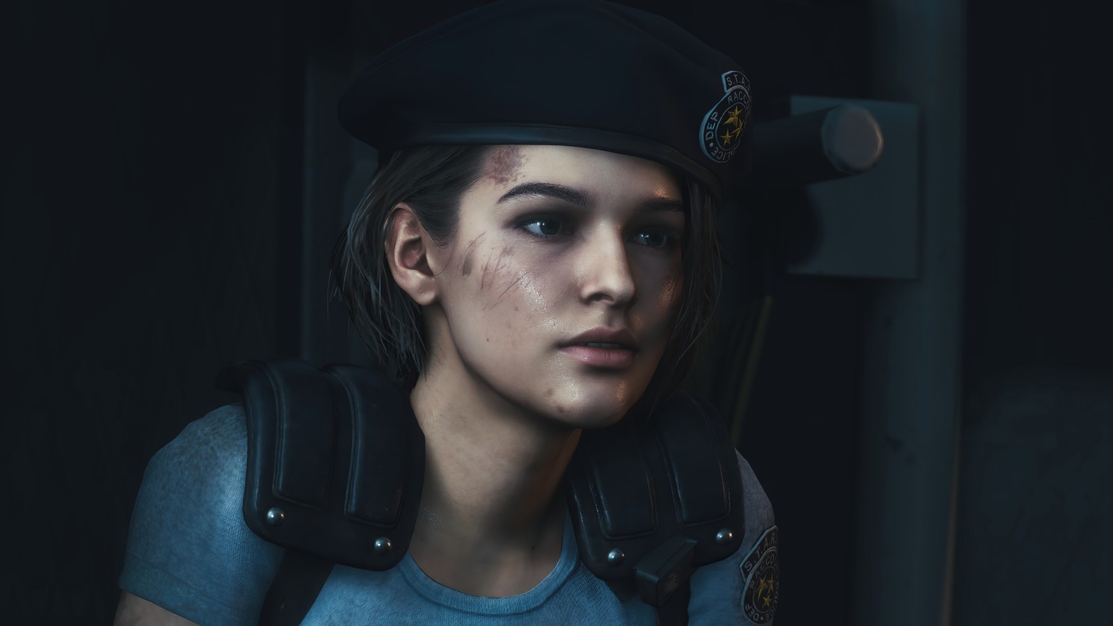 Une femme en uniforme regardant la caméra (jill valentine, resident evil 3, remake, re3, jeu vidéo)