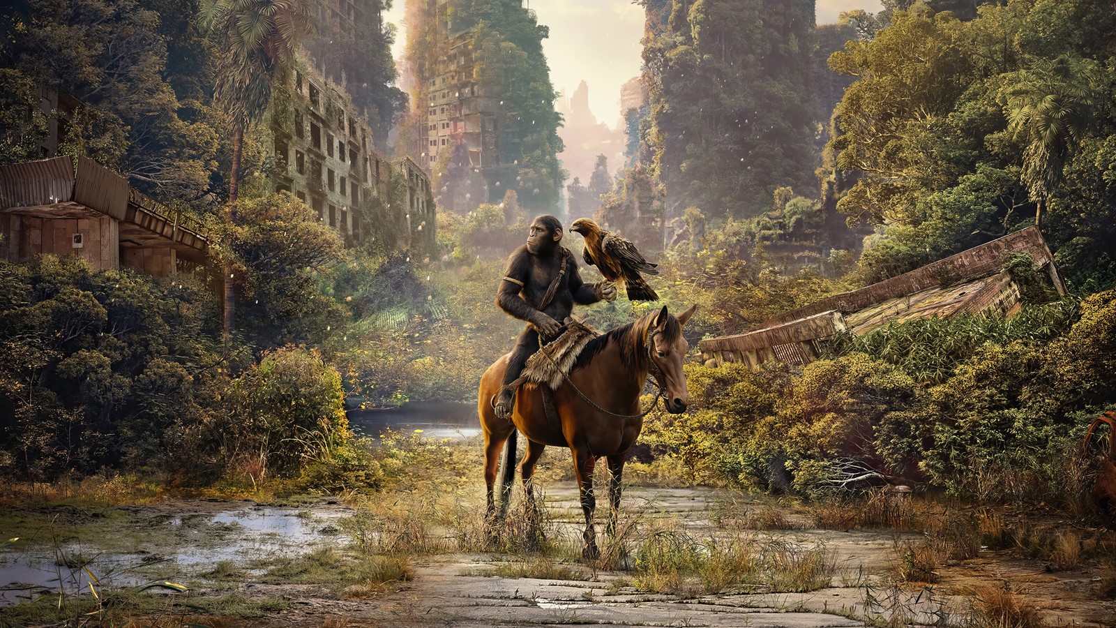 Arafed image of a man riding a horse through a city (noa, kingdom of the planet of the apes, movie)