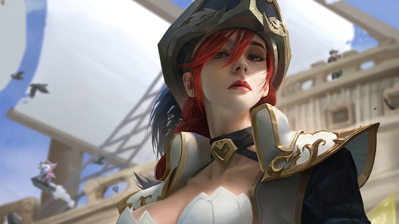 Крупный план женщины с красными волосами в шлеме (мисс фортуна, miss fortune, lol, видеоигра, league of legends)