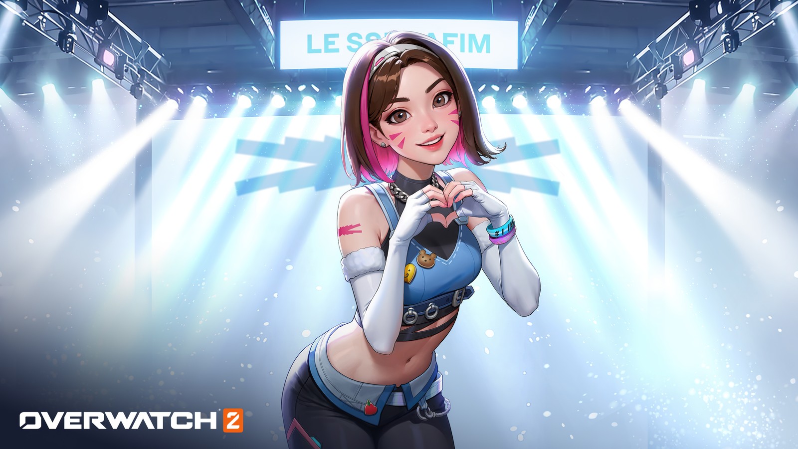 Женщина в короткой юбке и топе стоит перед сценой (dva, le sserafim, overwatch 2, кожа, k pop)