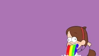 Mabel Pines with a rainbow-colored stream from her mouth against a purple background.