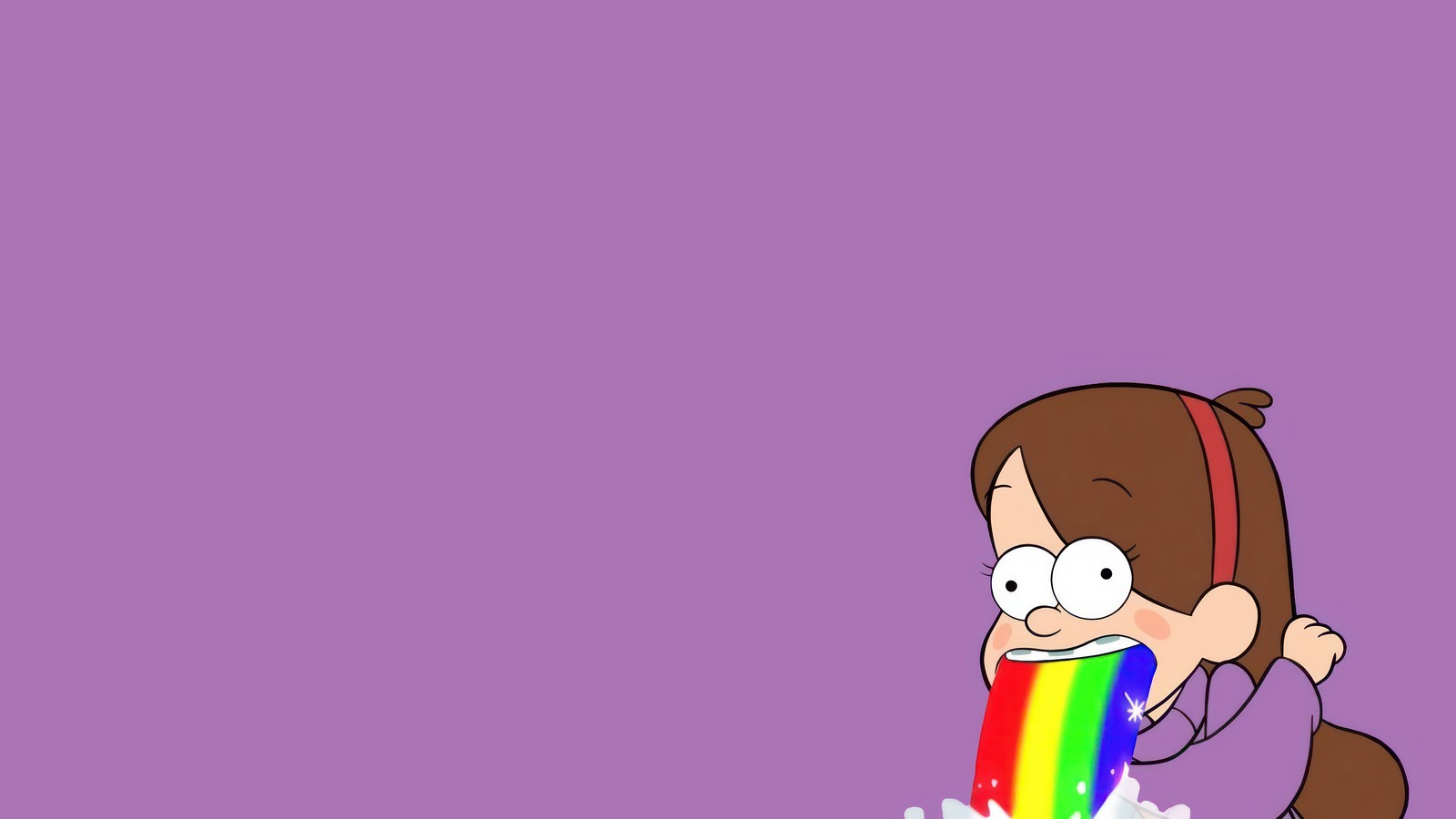 Una chica de dibujos animados con un arco iris en la boca y un fondo púrpura (mabel pines, gravity falls, series de televisión, caricatura)