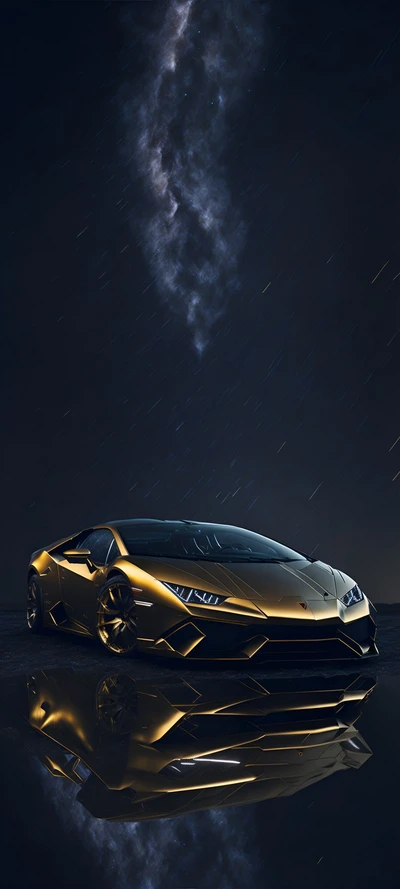 A sleek, golden Lamborghini Huracán reflects in a dark, moody environment, illuminated by ambient lighting and a starry sky above.